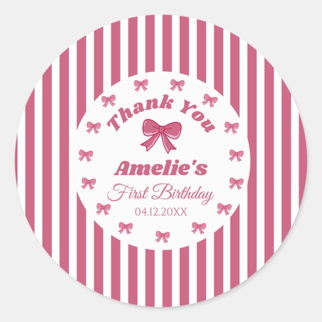 Cute Pink Bow First Birthday  Classic Round Sticker (Front)