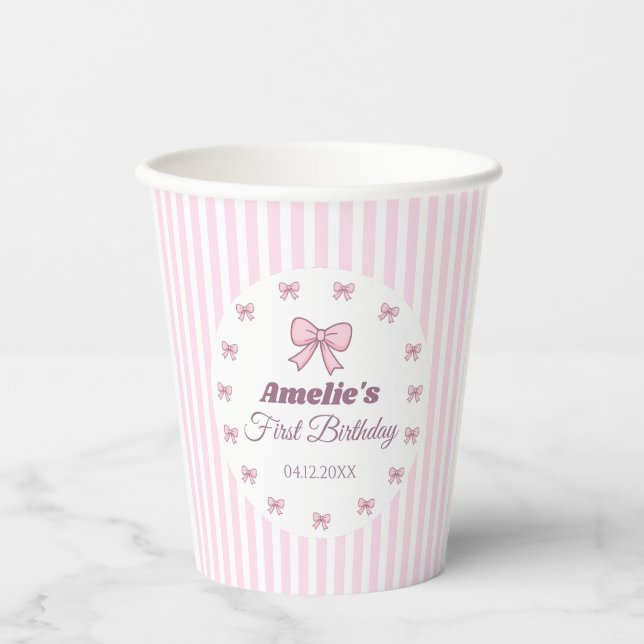 Cute Pink Bow First Birthday  Paper Cups (Front)