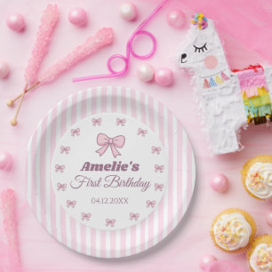Cute Pink Bow First Birthday Paper Plate