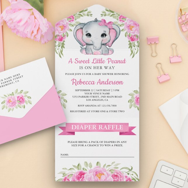 Cute Pink Bow Floral Elephant Baby Shower All In One Invitation (Creator Uploaded)