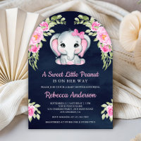 Cute Pink Bow Floral Elephant Navy Baby Shower