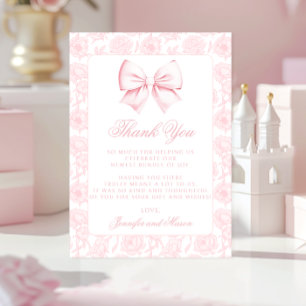 Cute pink bow floral preppy baby girl shower thank you card