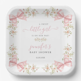 Cute Pink Bow Floral Sweet Baby Shower Paper Plate