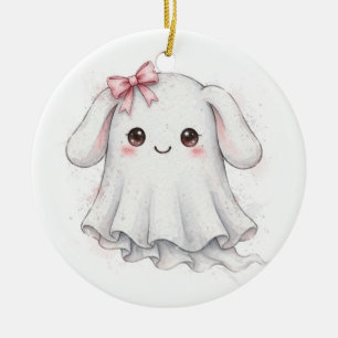 Cute Pink Bow Ghost Halloween Kawaii Coquette Ceramic Tree Decoration