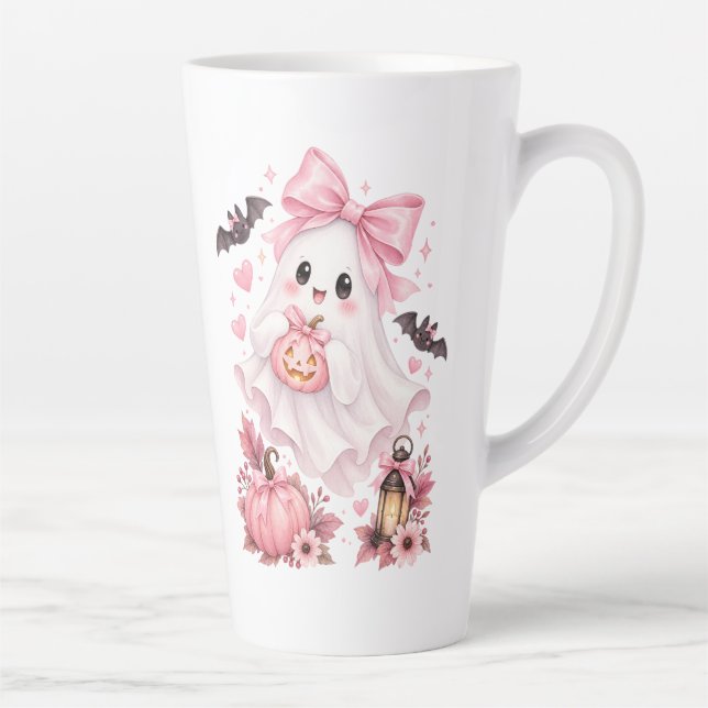 Cute Pink Bow Ghost Halloween  Latte Mug (Right)