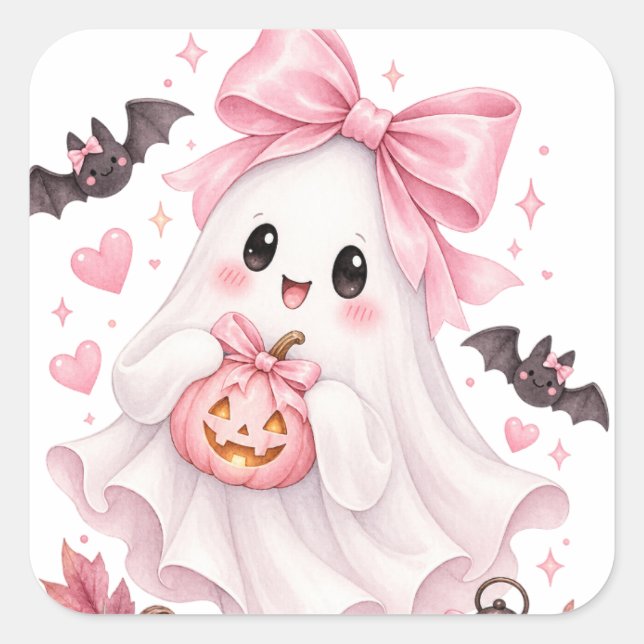 Cute Pink Bow Ghost Halloween Sticker (Front)