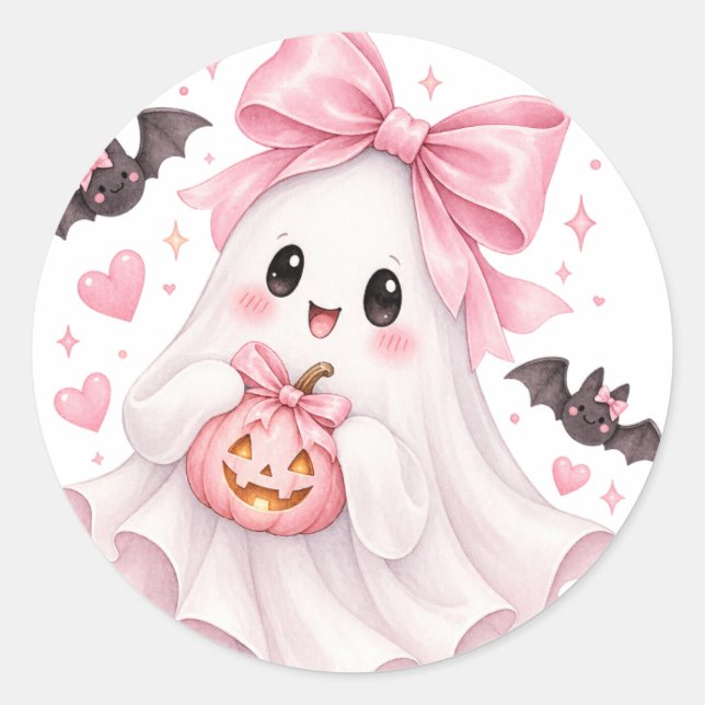 Cute Pink Bow Ghost Halloween Sticker (Front)