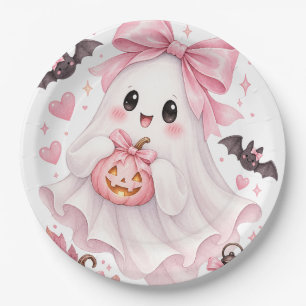 Cute Pink Bow Ghost Halloween Sticker Paper Plate