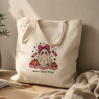 Cute Pink Bow Ghost with Name Pastel Pink Chequere Large Tote Bag