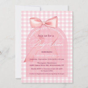 Cute Pink Bow Gingham Arch Script Girl Baby Shower Invitation