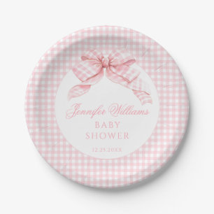 Cute Pink Bow Gingham Baby Girl Shower Paper Plate