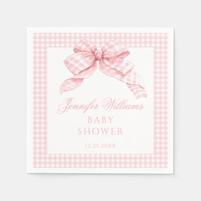 Cute Pink Bow Gingham Baby Shower Paper Napkins (Front)