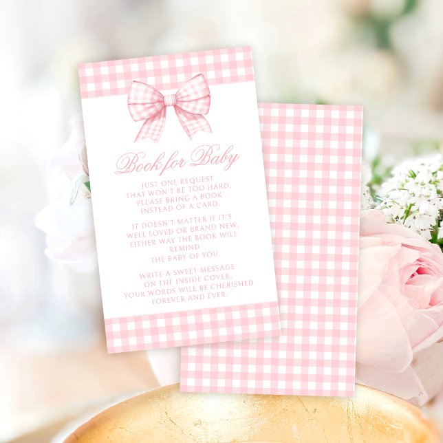 Cute pink bow gingham book for baby girl shower enclosure card (Creator Uploaded)