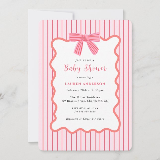 Cute Pink Bow, Girl Baby Shower  Invitation (Front)