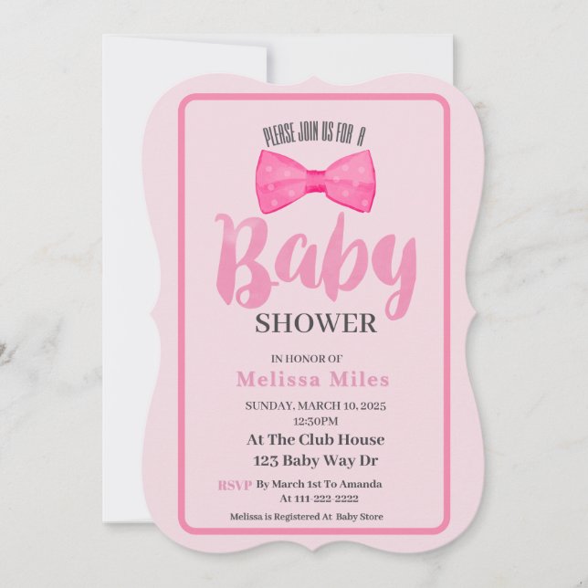 Cute Pink  Bow Girl Baby shower  Invitation (Front)