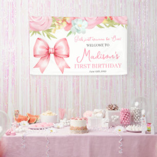 Cute Pink Bow Girl First Birthday Banner