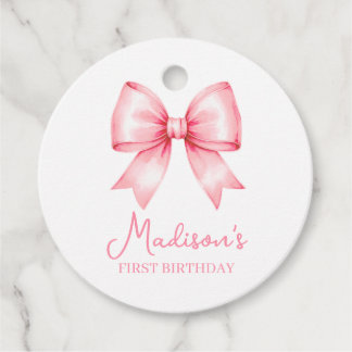 Cute Pink Bow Girl First Birthday Favour Tags