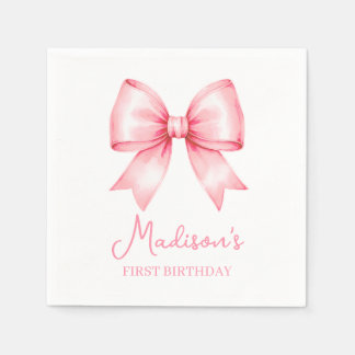 Cute Pink Bow Girl First Birthday Napkin