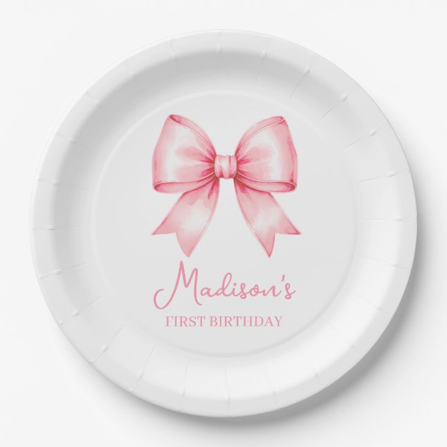 Cute Pink Bow Girl First Birthday Paper Plate (Front)