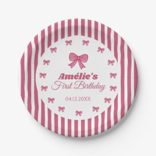 Cute Pink Bow Girl First Birthday Paper Plate