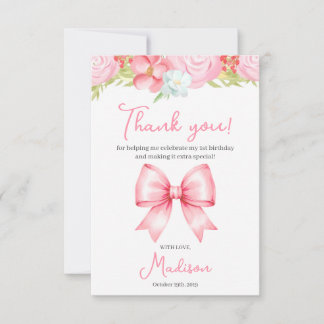 Cute Pink Bow Girl First Birthday Thank You Card