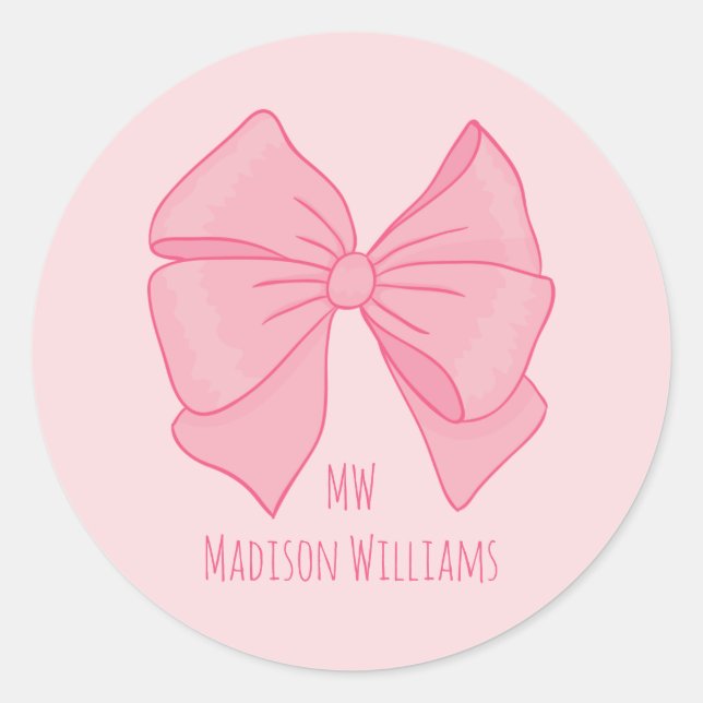 Cute Pink Bow Girl's Monogram and Name Classic Round Sticker (Front)