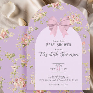 Cute Pink Bow Girly Floral Purple Baby Shower Arch Invitation
