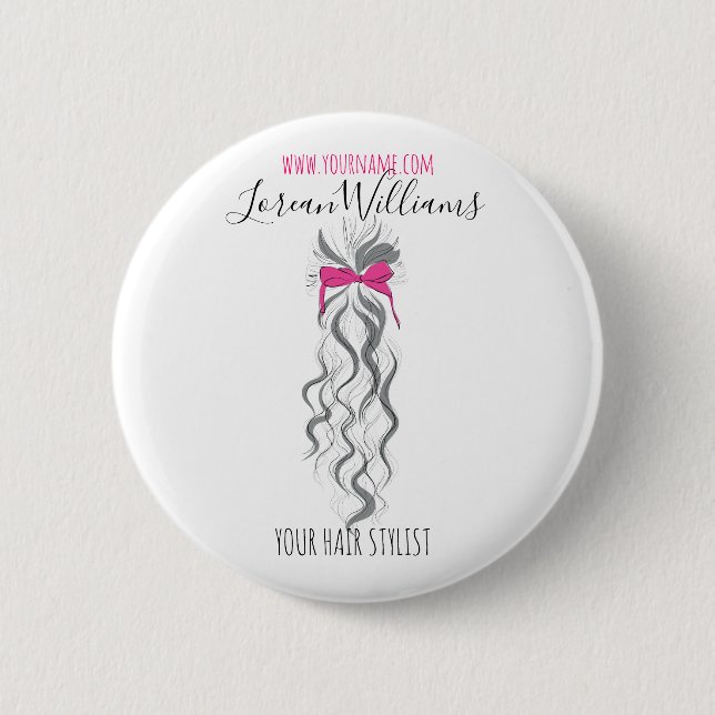 Cute Pink Bow Grey and White Braider Hair Styling  6 Cm Round Badge (Front)