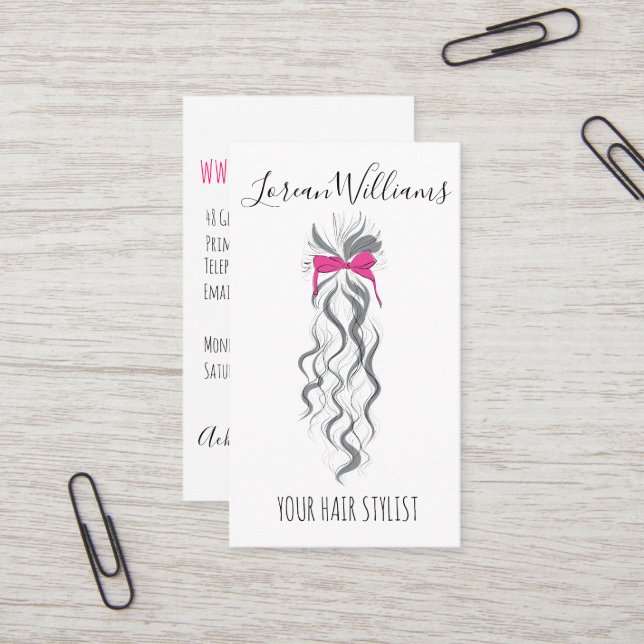 Cute Pink Bow Grey and White Braider Hair Styling  Business Card (Front/Back In Situ)