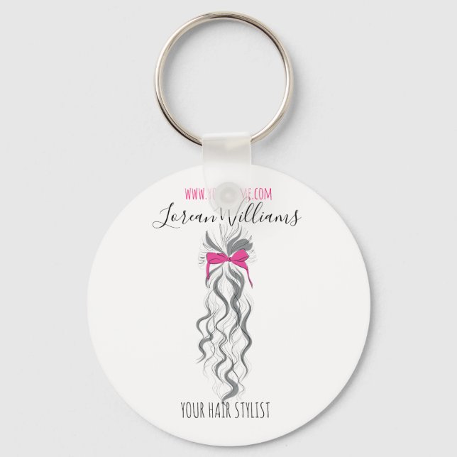 Cute Pink Bow Grey and White Braider Hair Styling  Key Ring (Front)