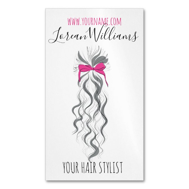 Cute Pink Bow Grey and White Braider Hair Styling  Magnetic Business Card (Front Vertical)