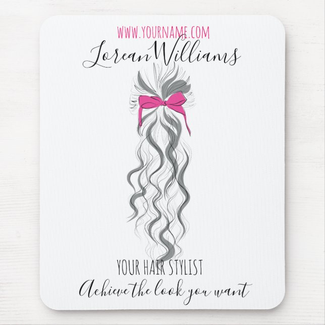 Cute Pink Bow Grey and White Braider Hair Styling  Mouse Mat (Front)