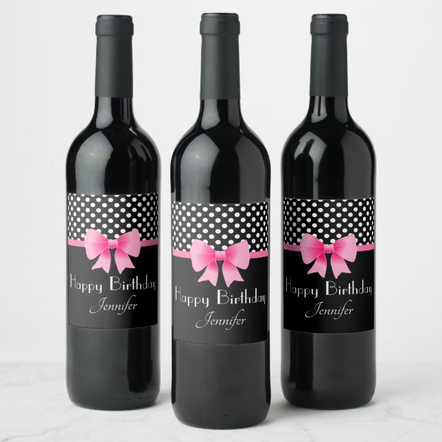 Cute Pink Bow Happy Birthday  Wine Label (Bottles)