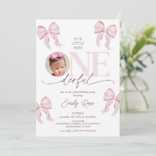 Cute Pink Bow Little Miss Onederful 1st Birthday  Invitation