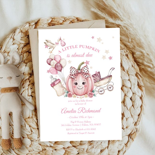 cute Pink Bow Little Pumpkin fall Baby Shower Invitation (Creator Uploaded)