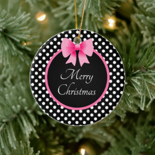 Cute Pink Bow Merry Christmas Ceramic Tree Decoration