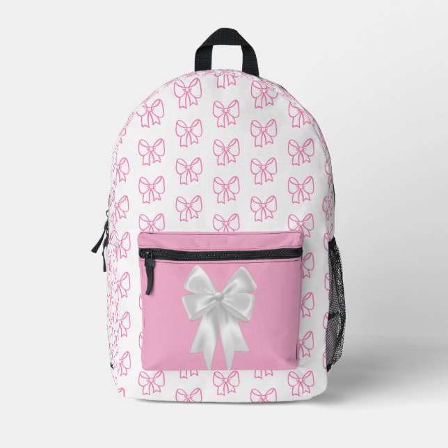Cute Pink Bow Pattern Backpack with White Ribbon (Front)