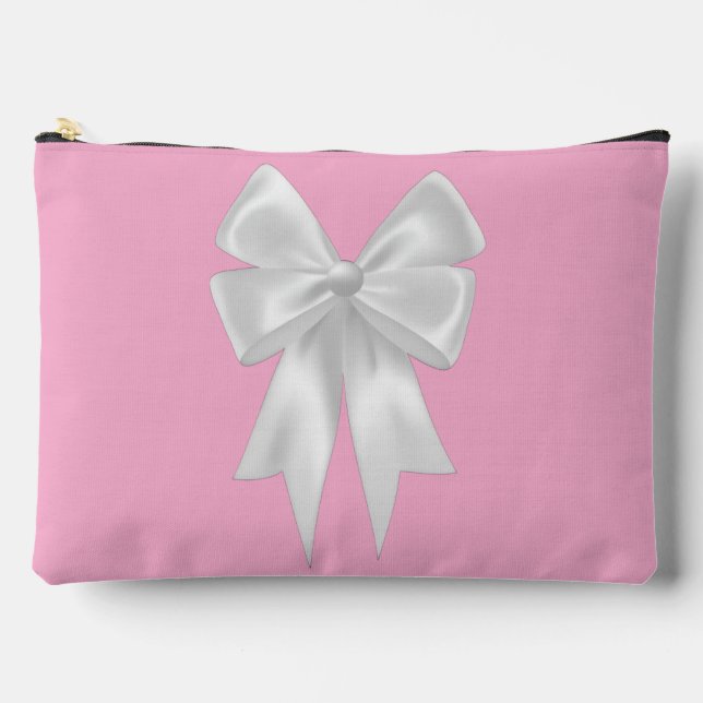 Cute Pink Bow Pattern Pouch with White Ribbon (Front)