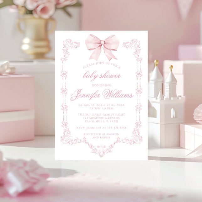 Cute Pink Bow Preppy Coquette Baby Girl Shower Invitation (Creator Uploaded)