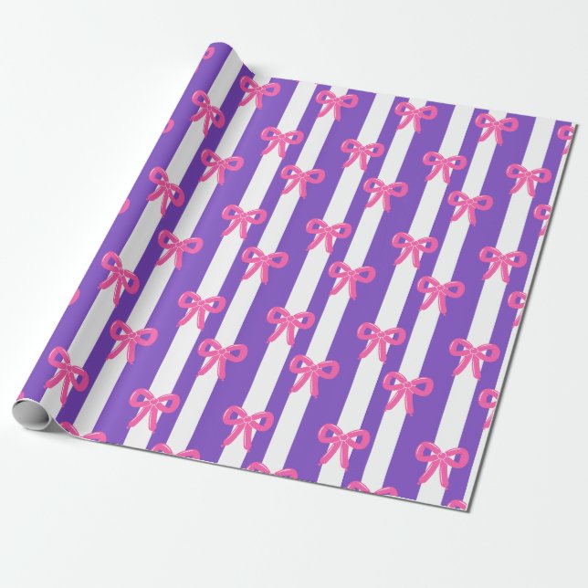  Cute Pink Bow Purple Stripe Pattern Girly Wrapping Paper (Unrolled)