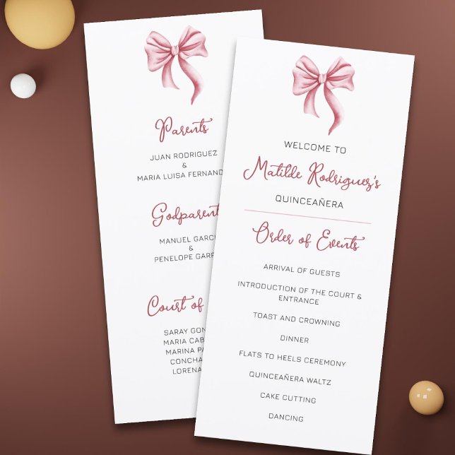 Cute Pink Bow Quinceañera Celebration Program (Creator Uploaded)