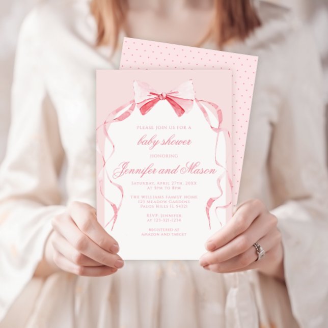 Cute pink bow ribbon boho baby girl shower invitation (Creator Uploaded)