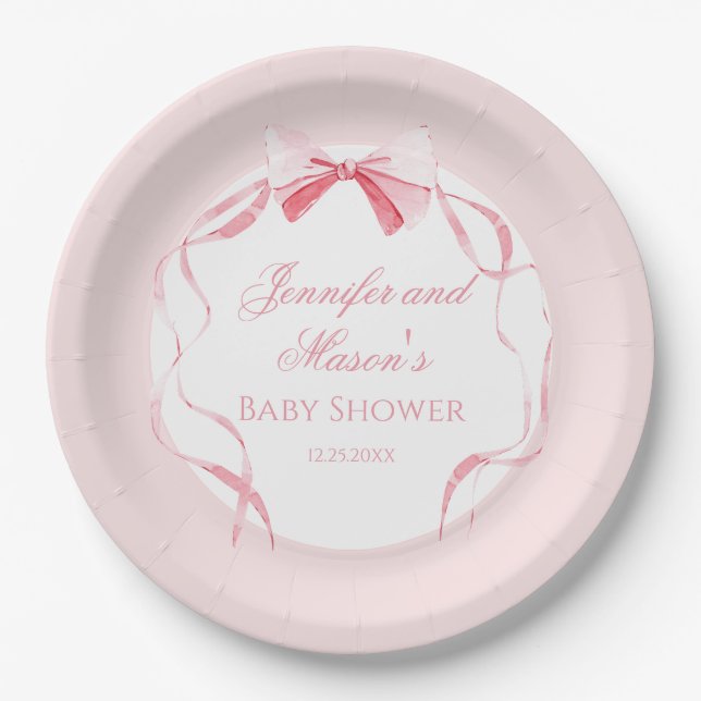 Cute pink bow ribbon boho baby girl shower paper plate (Front)