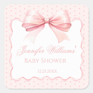 Cute pink bow ribbon boho baby girl shower square sticker