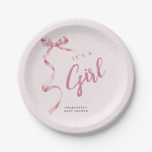 Cute Pink Bow Ribbon Girl Baby Shower Paper Plate