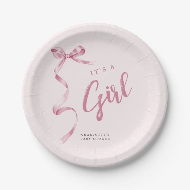 Cute Pink Bow Ribbon Girl Baby Shower Paper Plate (Front)