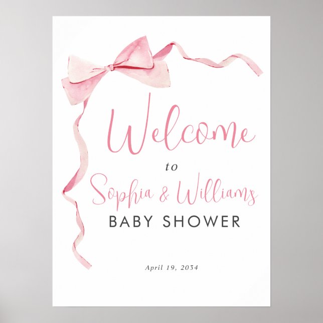 Cute Pink Bow Ribbon Girl Baby Shower Welcome Sign (Front)
