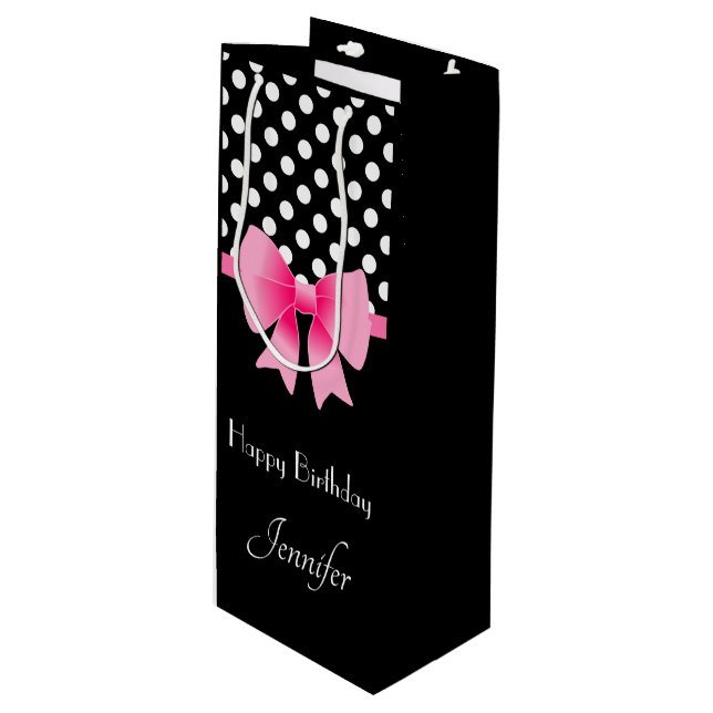 Cute Pink Bow Script Happy Birthday Wine Gift Bag (Front Angled)