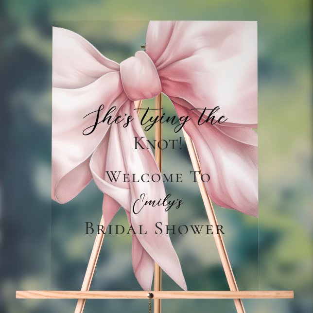 Cute Pink Bow She's Tying the Knot Bridal Shower Acrylic Sign (Neutral)