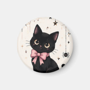 Cute Pink Bow Spiderweb Black Cat Magnet